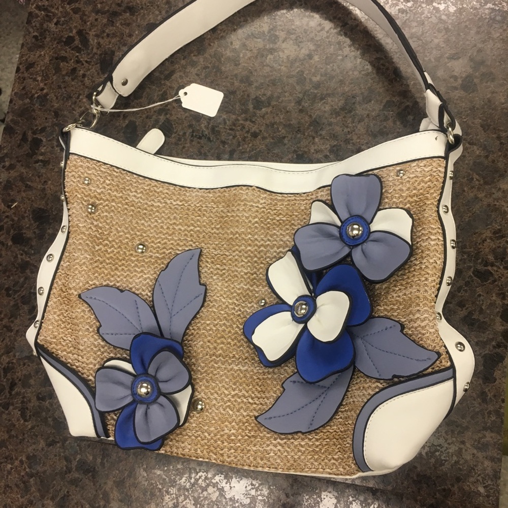 Straw Tote Bag with Blue & White Floral Appliqué
